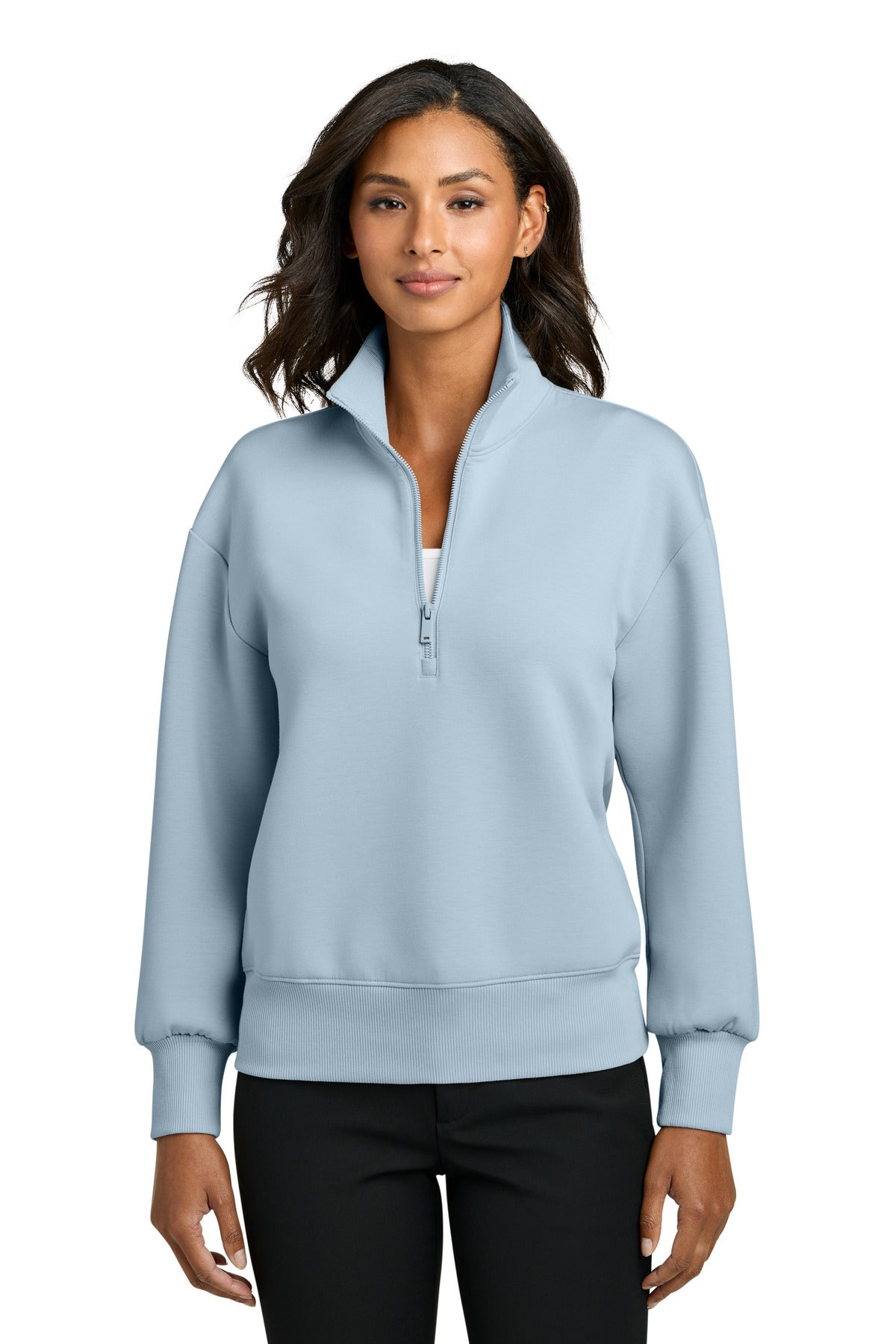 Mercer+Mettle women's soft spacer 1/4-zip athletic top in celestial blue, shown front view on a model.
