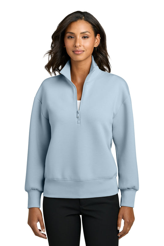 Mercer+Mettle women's soft spacer 1/4-zip athletic top in celestial blue, shown front view on a model.