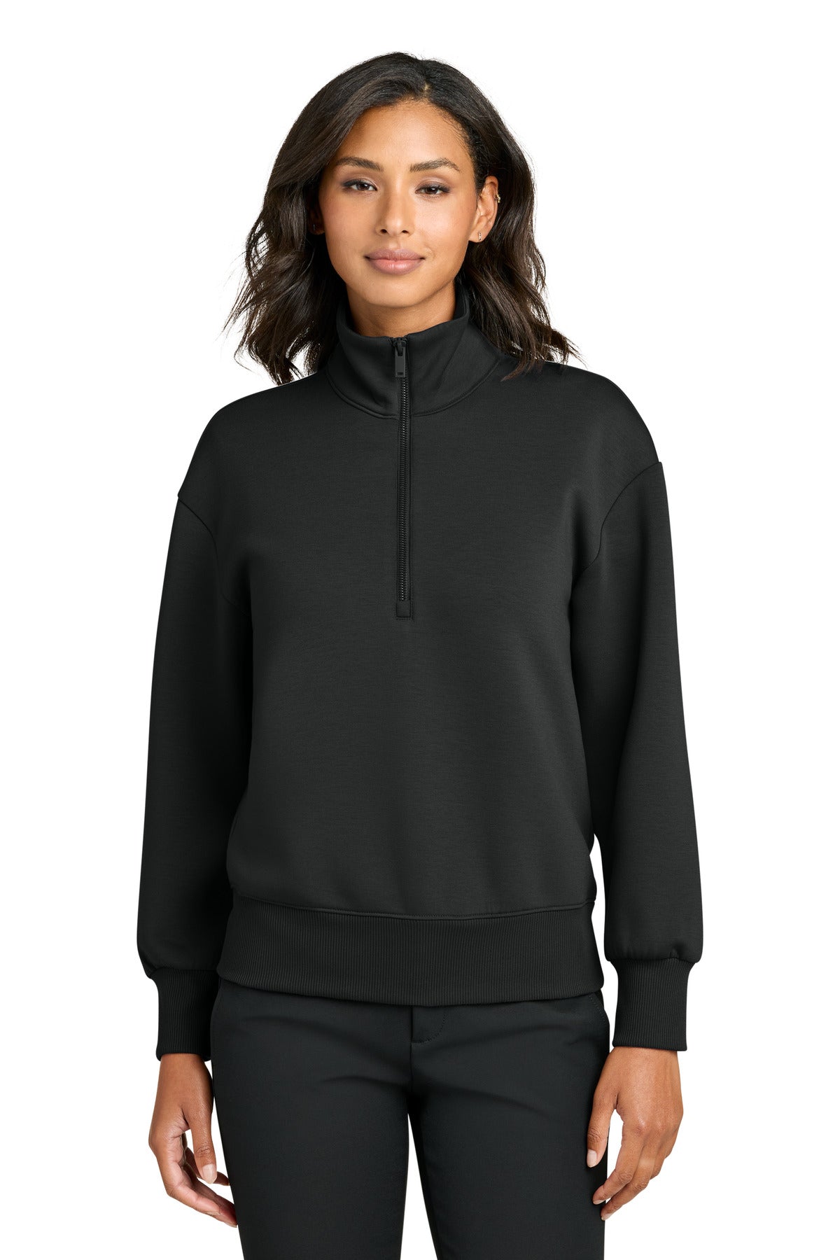 Front view of Mercer+Mettle Women's Soft Spacer 1/4-Zip MM3101 in deep black, showcasing the fitted athletic style and quarter-zip neckline.