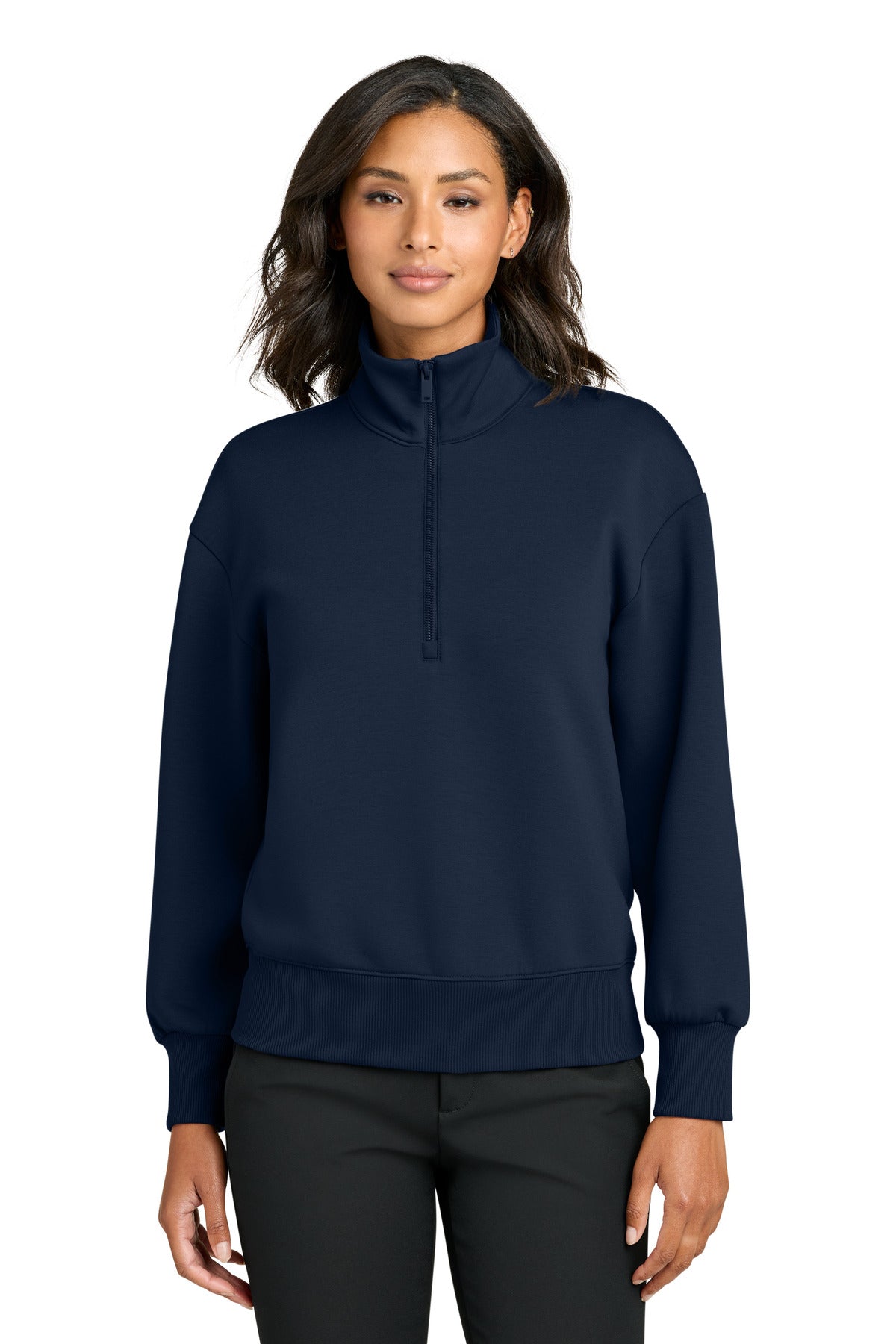 Mercer+Mettle women's Soft Spacer 1/4-zip jacket in night navy, front view worn by a model.