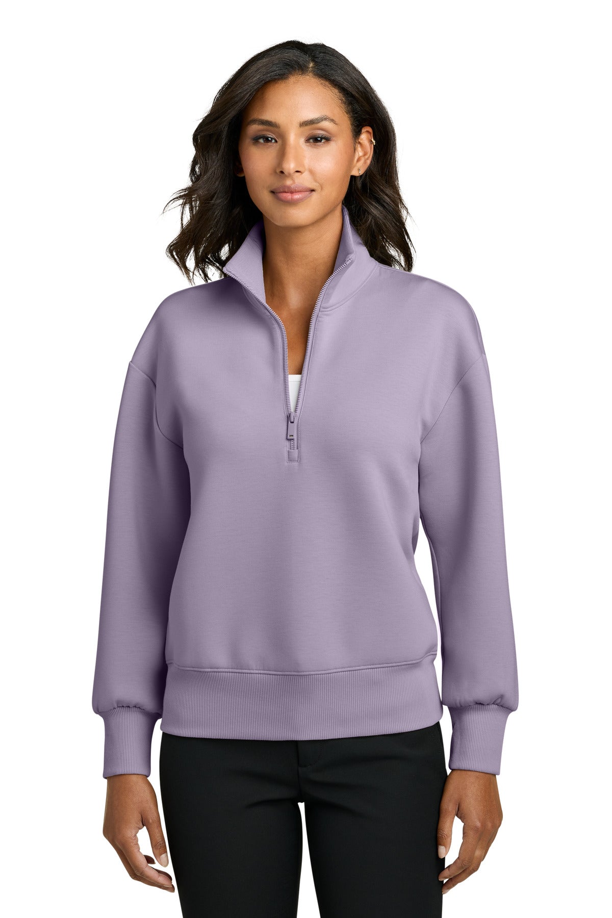 Mercer+Mettle women's soft spacer 1/4-zip jacket in purple ash, front view showing the zip and collar details.