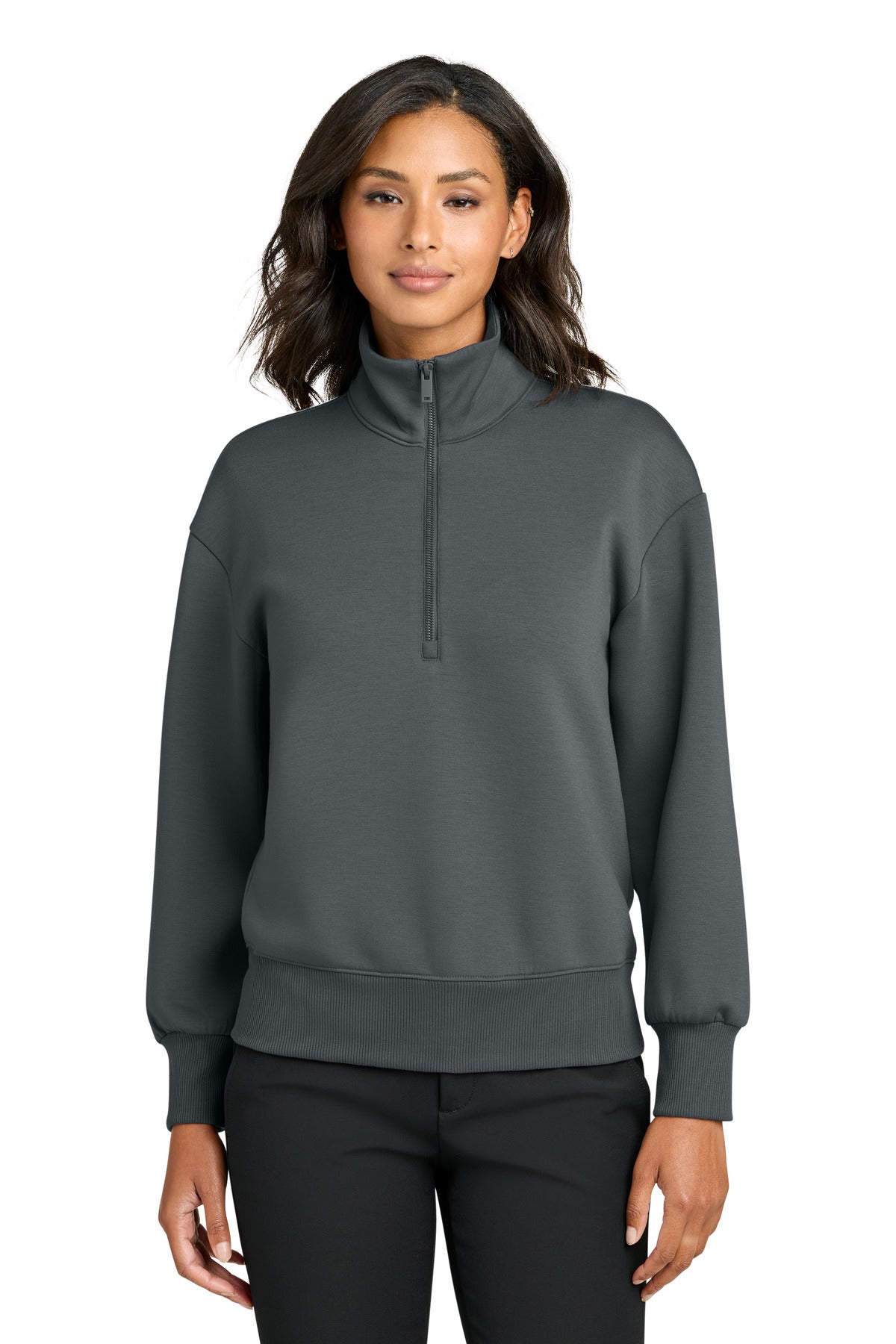 Mercer+Mettle women's soft spacer 1/4-zip jacket in storm grey, front view featuring lightweight fabric and stylish fit.