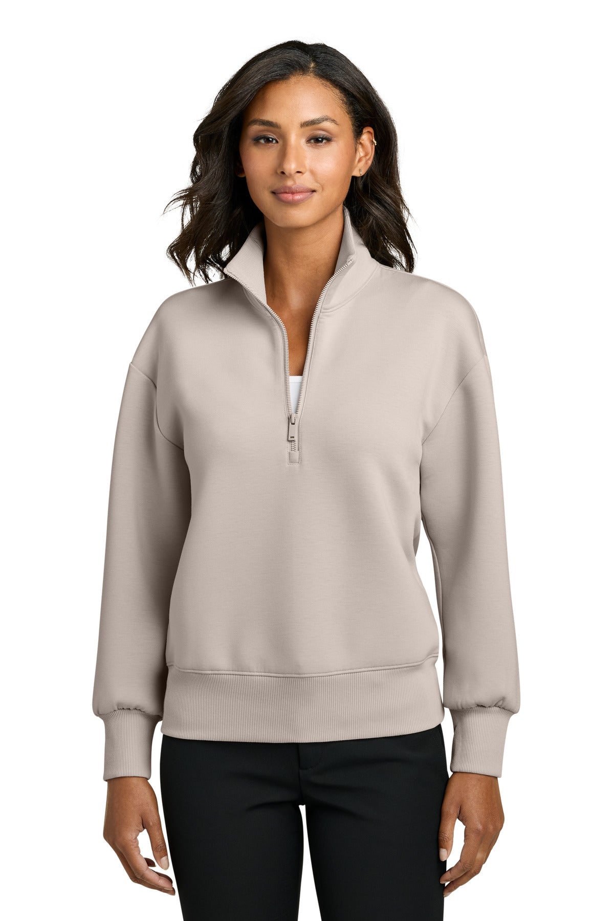 Mercer+Mettle women's Soft Spacer 1/4-Zip jacket in warm quartz, front view showing the fitted design and collar detail.