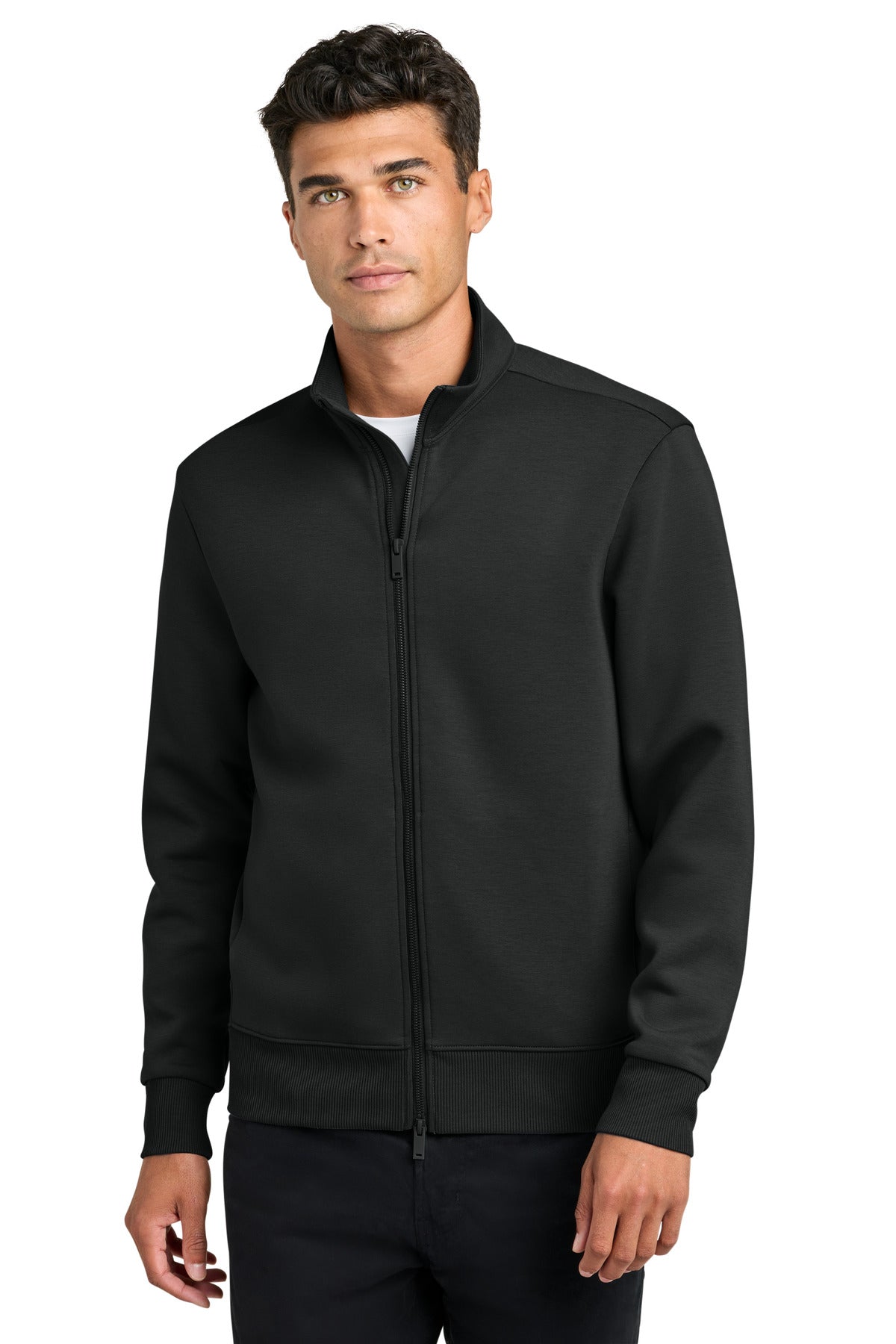 Mercer+Mettle soft spacer full-zip jacket in deep black, front view on a model showing the jacket's fit and design.