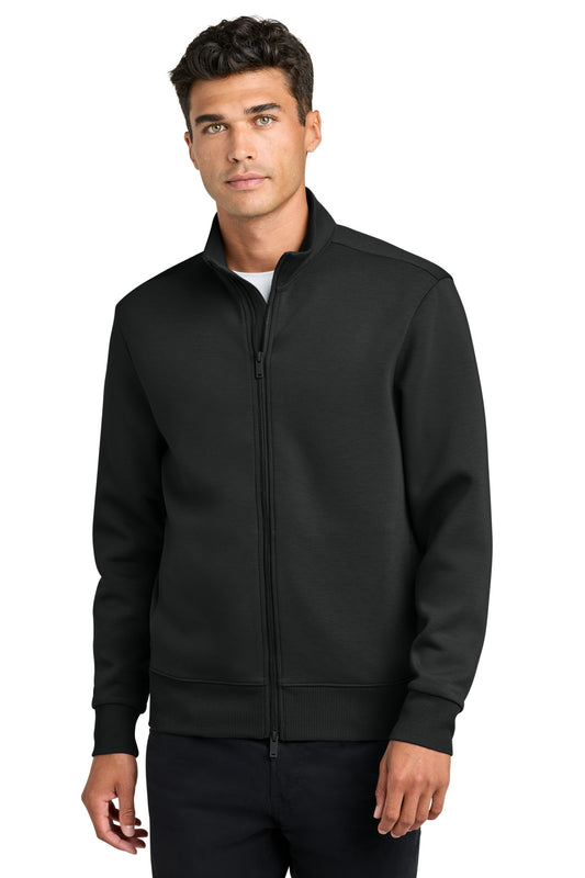Mercer+Mettle soft spacer full-zip jacket in deep black, front view on a model showing the jacket's fit and design.