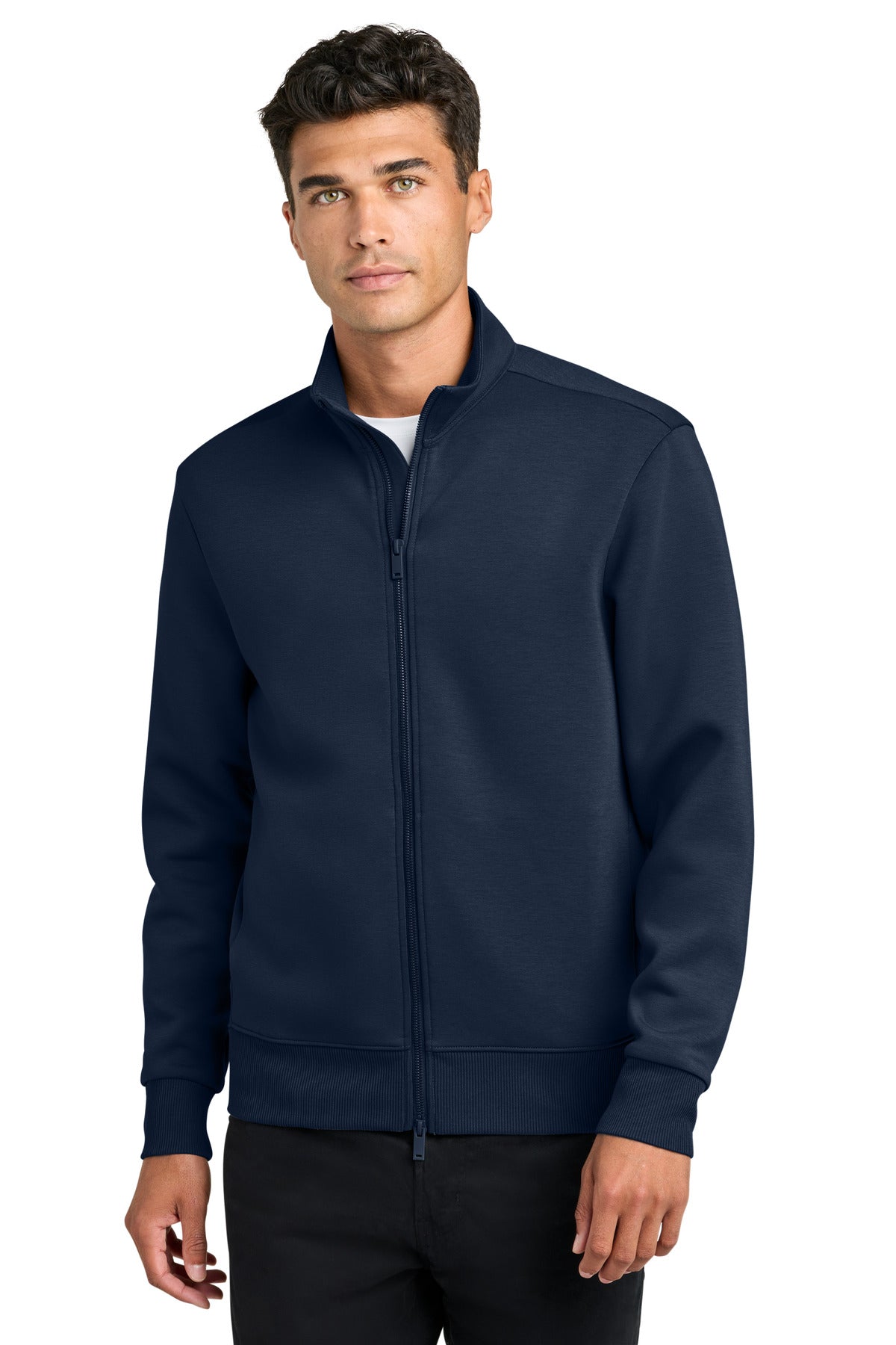 Mercer+Mettle Soft Spacer Full-Zip jacket in night navy, front view on model showing collar and full zipper closure.