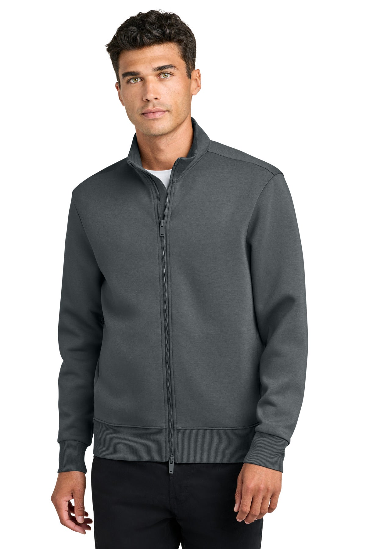 Mercer+Mettle Soft Spacer Full-Zip jacket in storm grey worn by a model, front view showing the zip-up design and soft fabric.