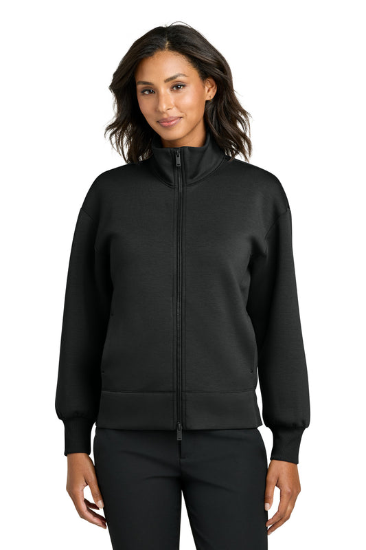 Mercer+Mettle women's soft spacer full-zip jacket in deep black, front view, showcasing the sleek design and full zipper closure.