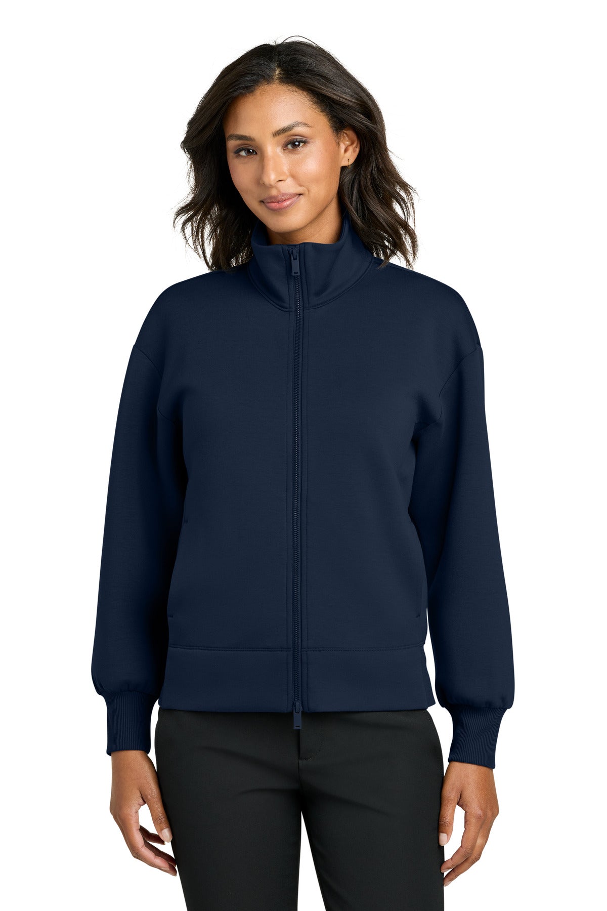 Mercer+Mettle women's soft spacer full-zip jacket in night navy, front view on a model.