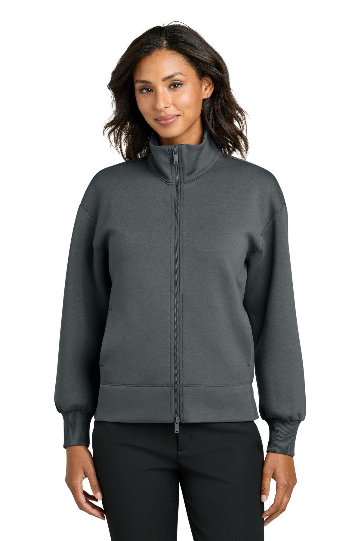 Mercer+Mettle women's soft spacer full-zip jacket in storm grey, front view showing lightweight, comfortable design.