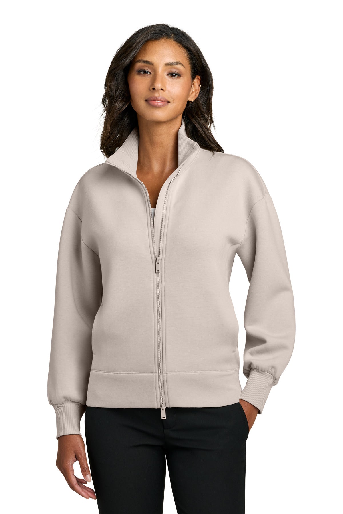 Mercer+Mettle Women's Soft Spacer Full-Zip jacket in Warm Quartz, front view showing comfortable fit and stylish design.