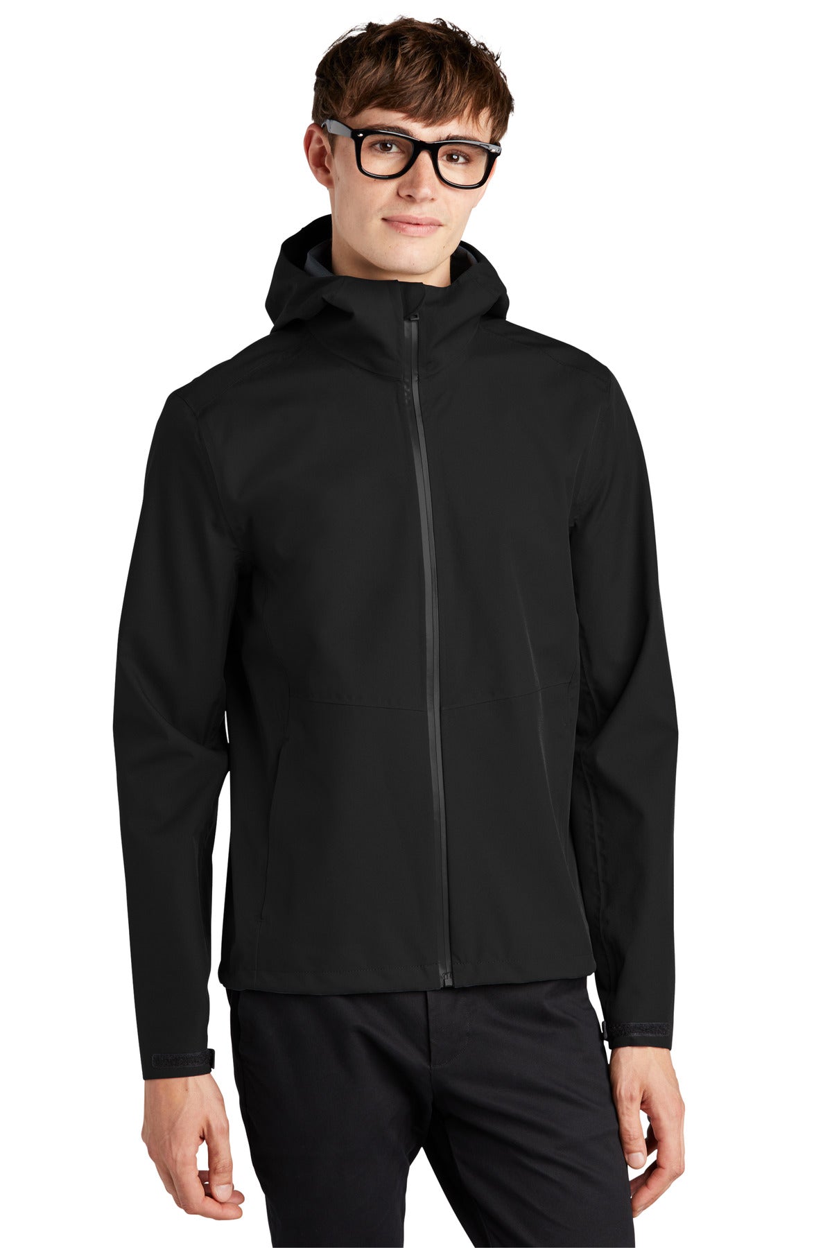 Mercer+Mettle waterproof rain shell MM7000 in deep black front view, lightweight outdoor jacket with hood and sealed seams.