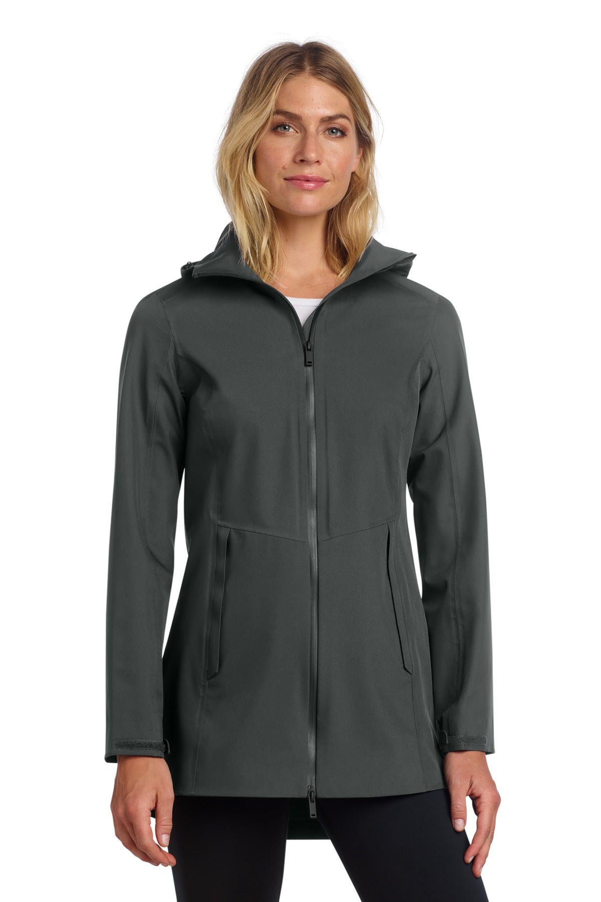 Mercer+Mettle women's waterproof rain shell in anchor grey, front view showing lightweight, waterproof outdoor jacket.
