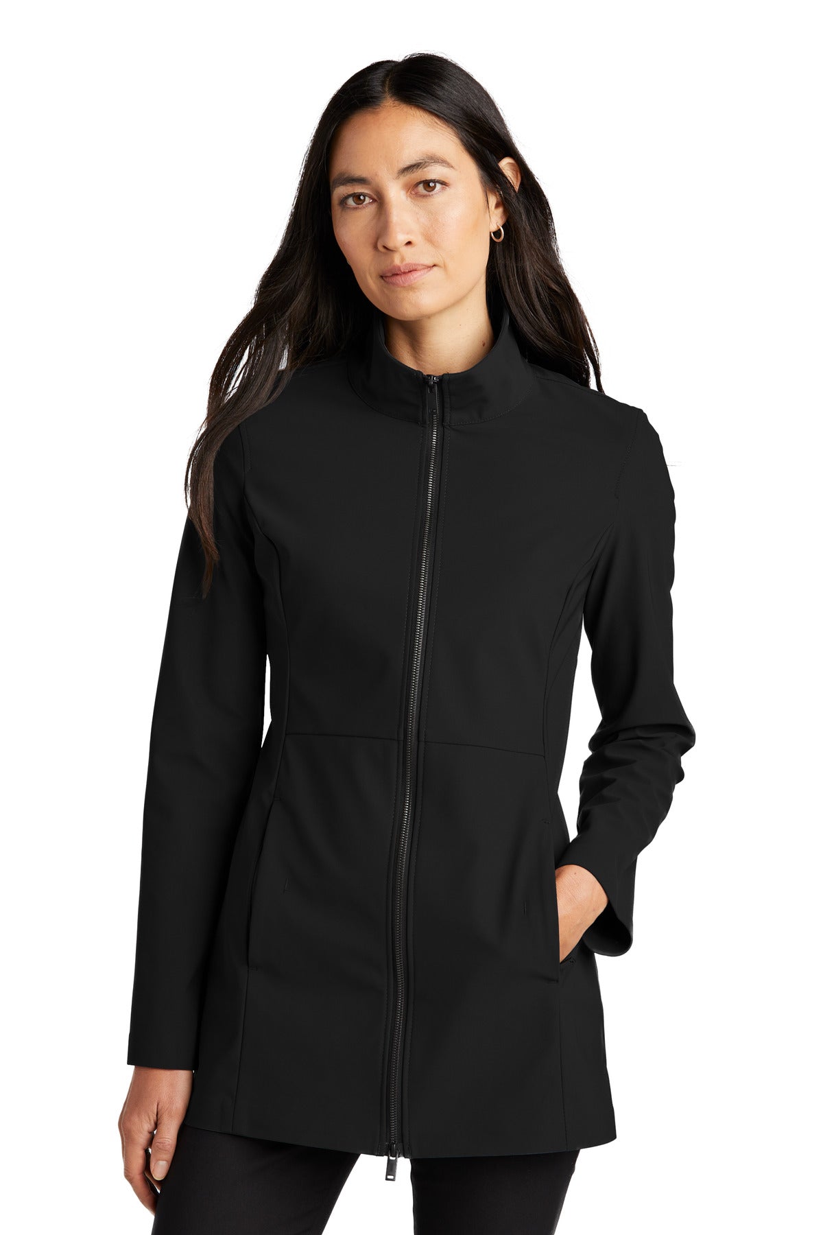 Mercer+Mettle Women's Faille Soft Shell jacket in deep black, front view showing sleek design and soft shell material.