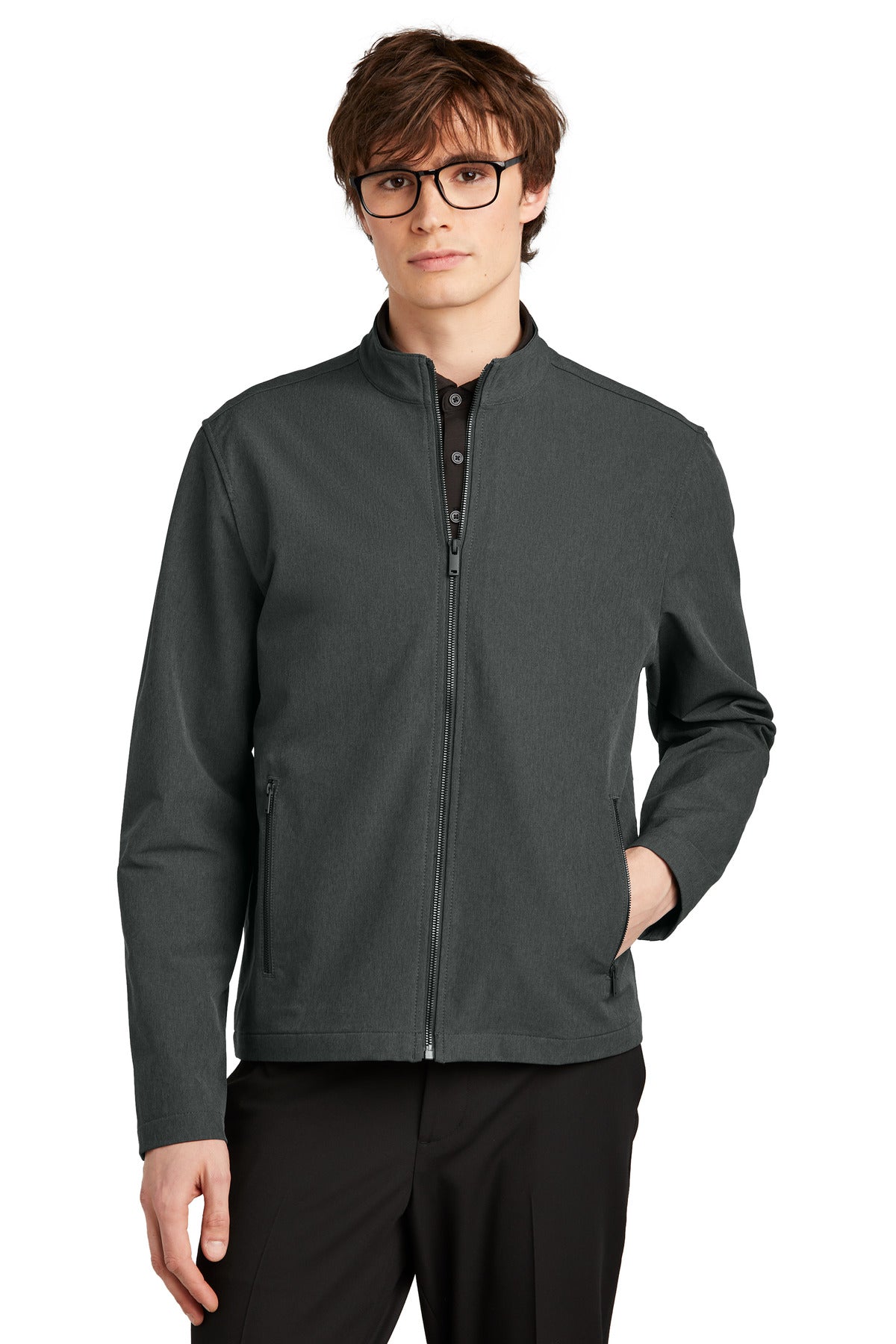 Mercer+Mettle Stretch Soft Shell Jacket MM7102 in anchor grey heather, front view showing lightweight, flexible outdoor jacket.