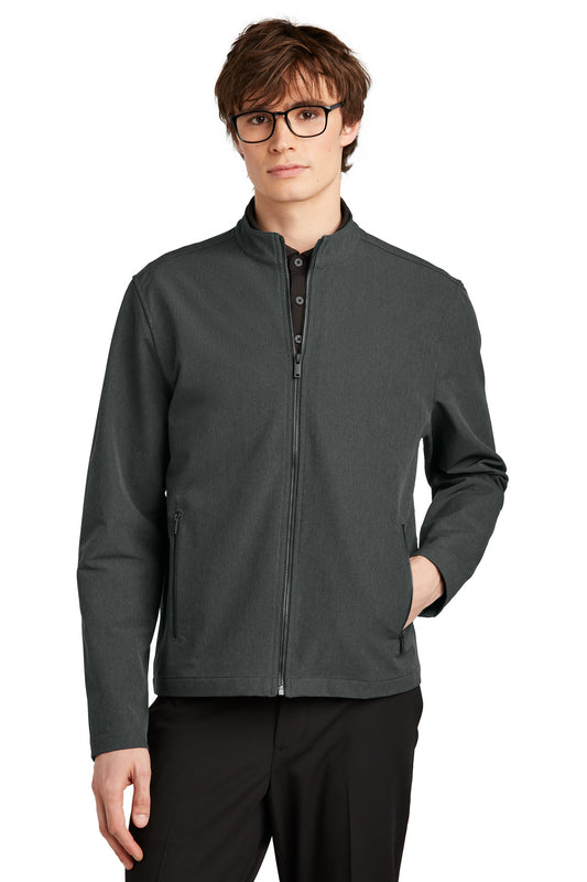 Mercer+Mettle Stretch Soft Shell Jacket MM7102 in anchor grey heather, front view showing lightweight, flexible outdoor jacket.