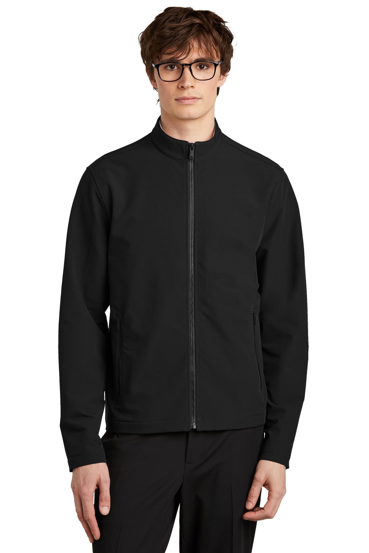 Mercer+Mettle Stretch Soft Shell Jacket MM7102 in deep black, front view on a model showing slim fit and sleek design.
