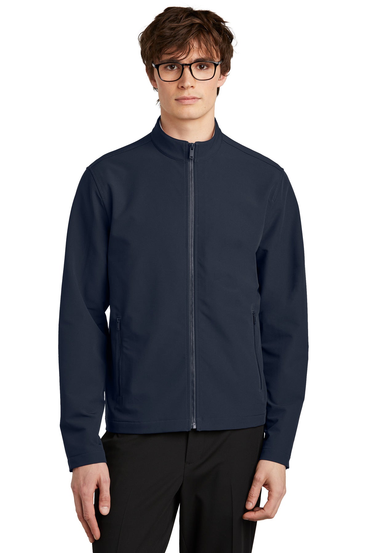 Mercer+Mettle Stretch Soft Shell Jacket MM7102 in night navy, front view on a model showcasing the fitted design.