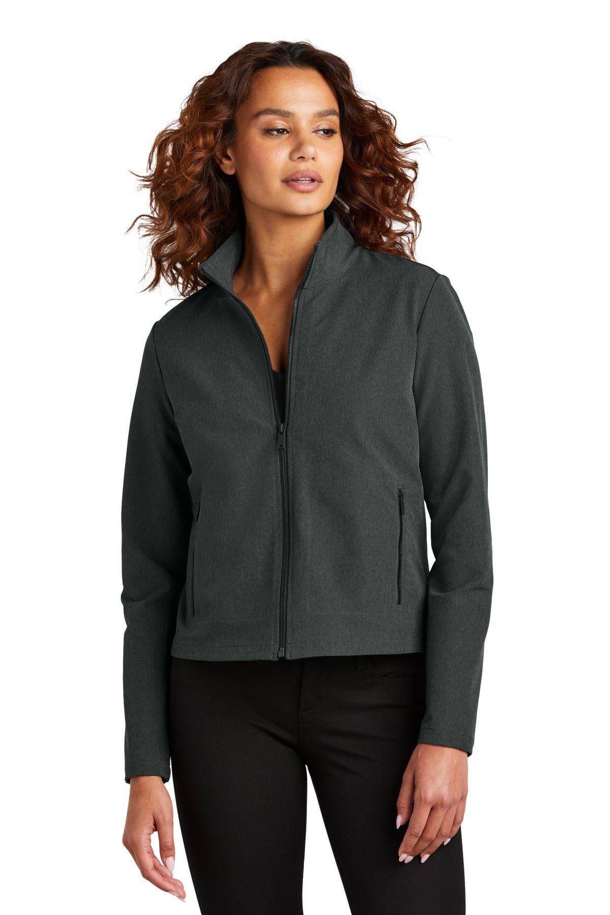 Mercer+Mettle women's stretch soft shell jacket in anchor grey heather, shown from the front on a model.