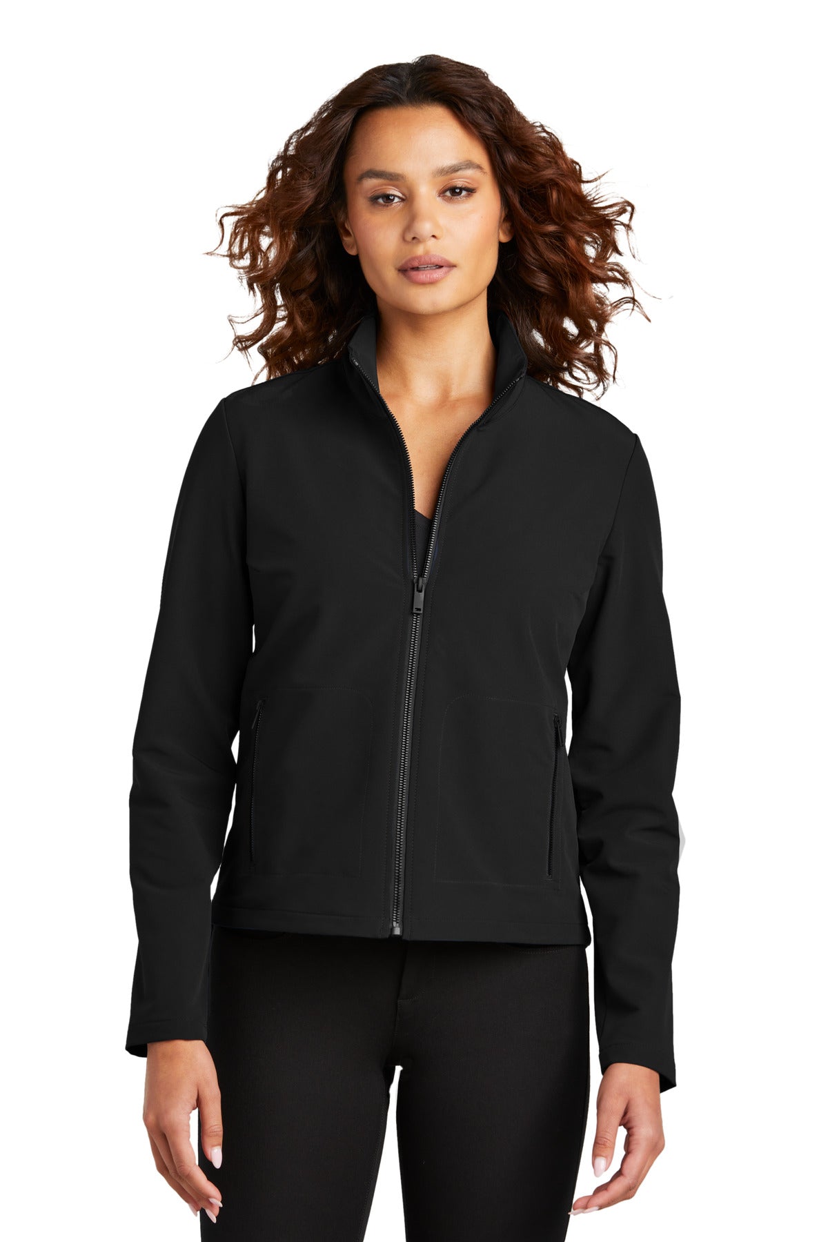 Mercer+Mettle women's stretch soft shell jacket in deep black, front view showing fitted design and smooth fabric.