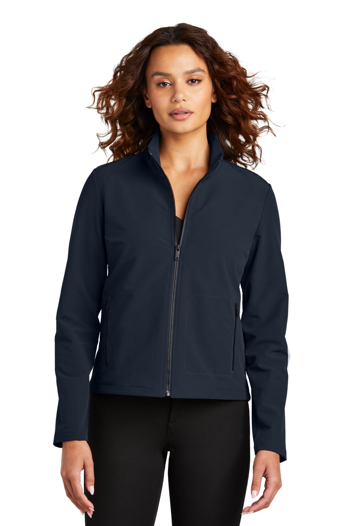 Mercer+Mettle women's stretch soft shell jacket in night navy, front view showing fitted design and smooth fabric.