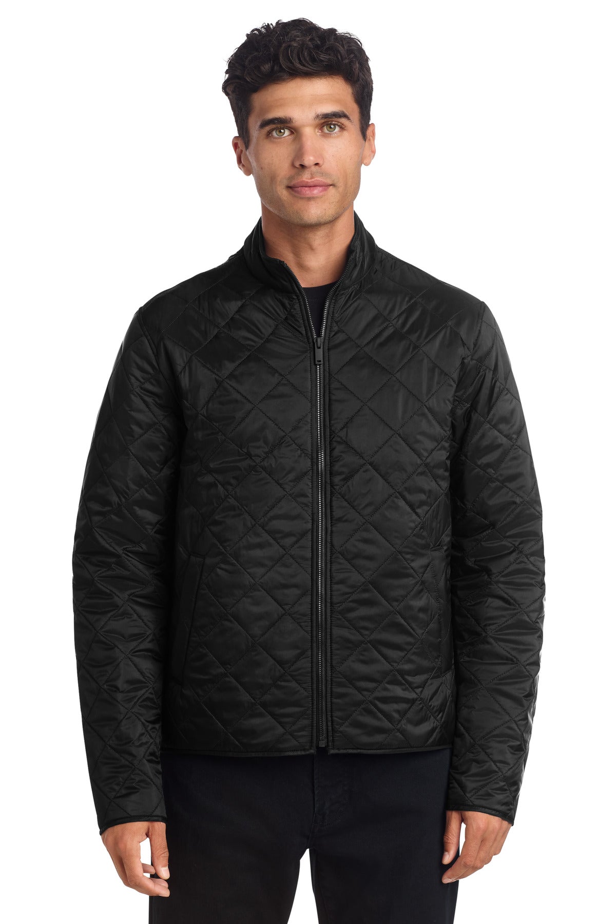 Mercer+Mettle quilted full-zip jacket in deep black, front view showing collar and zipper detailing.