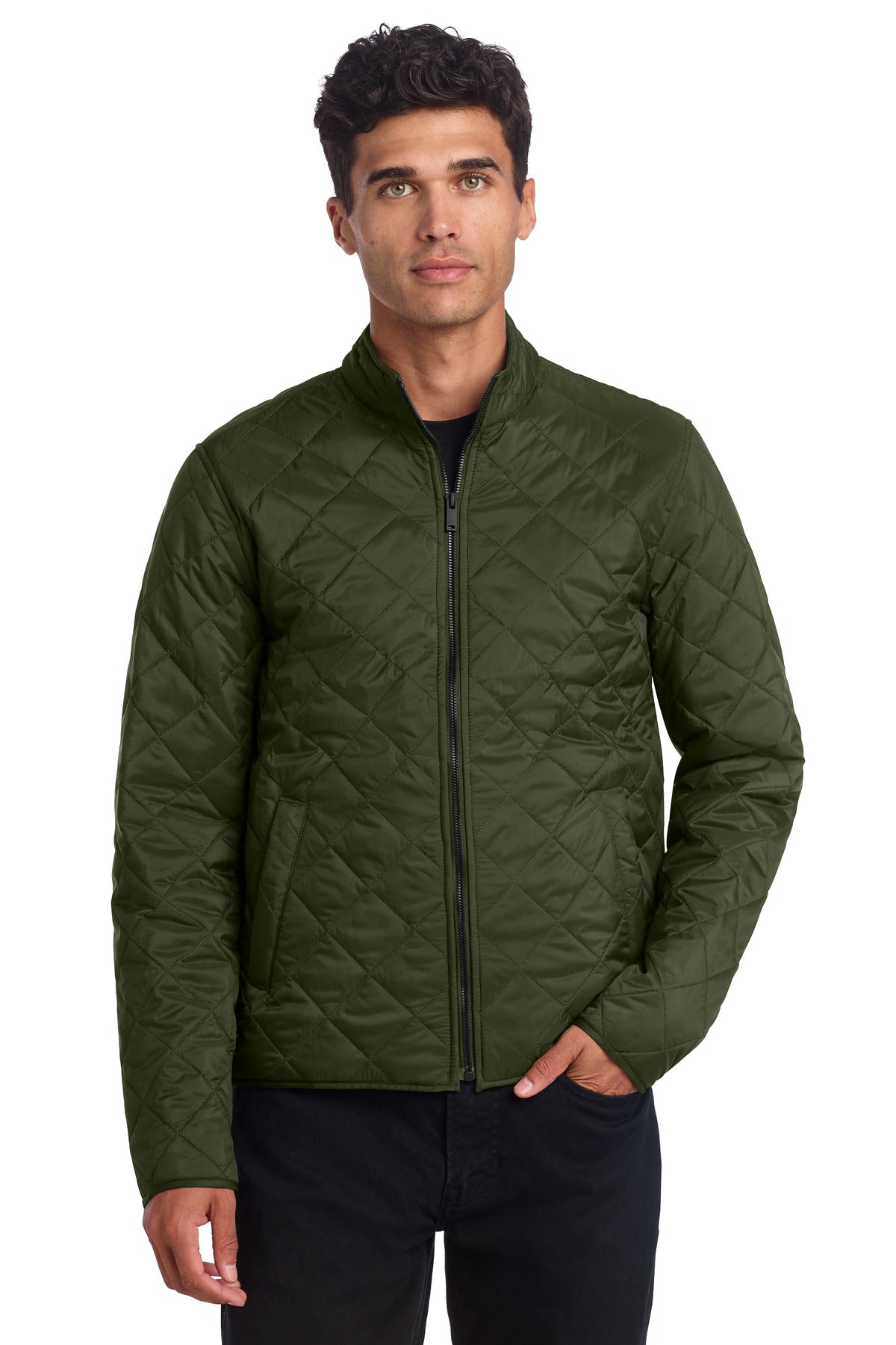 Mercer+Mettle quilted full-zip jacket in townsend green worn by a model, front view showcasing the jacket's design and quilting details.