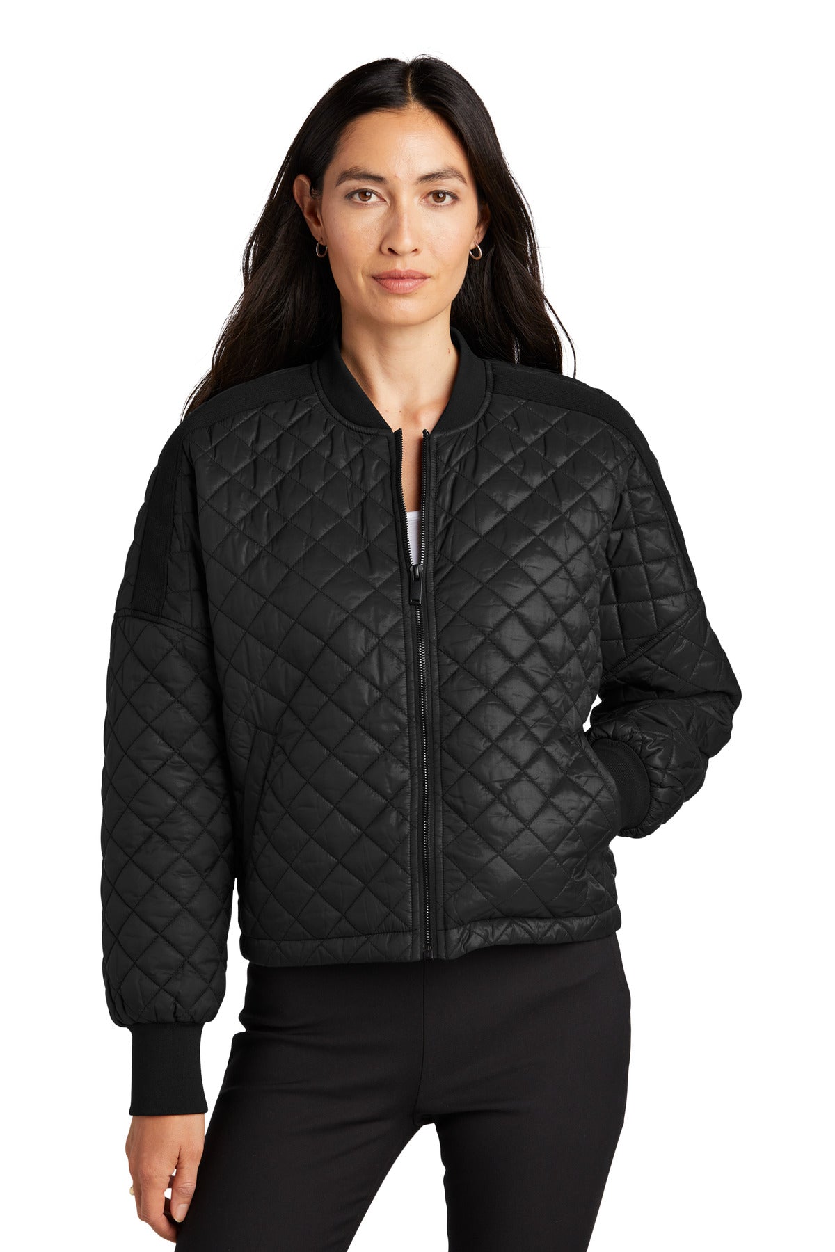 Mercer+Mettle women's boxy quilted jacket in deep black, front view showing the stylish, padded design and collar detail.