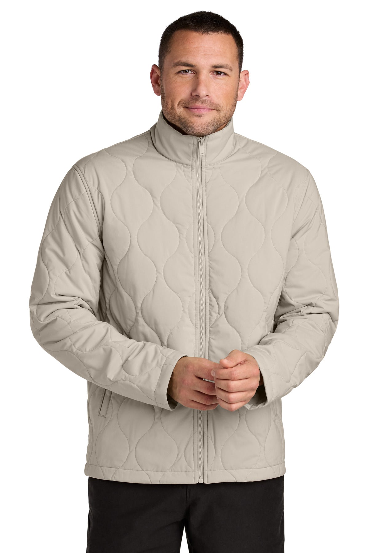 Mercer+Mettle quilted liner jacket in almond color, front view on a model, showcasing the lightweight, insulated design.