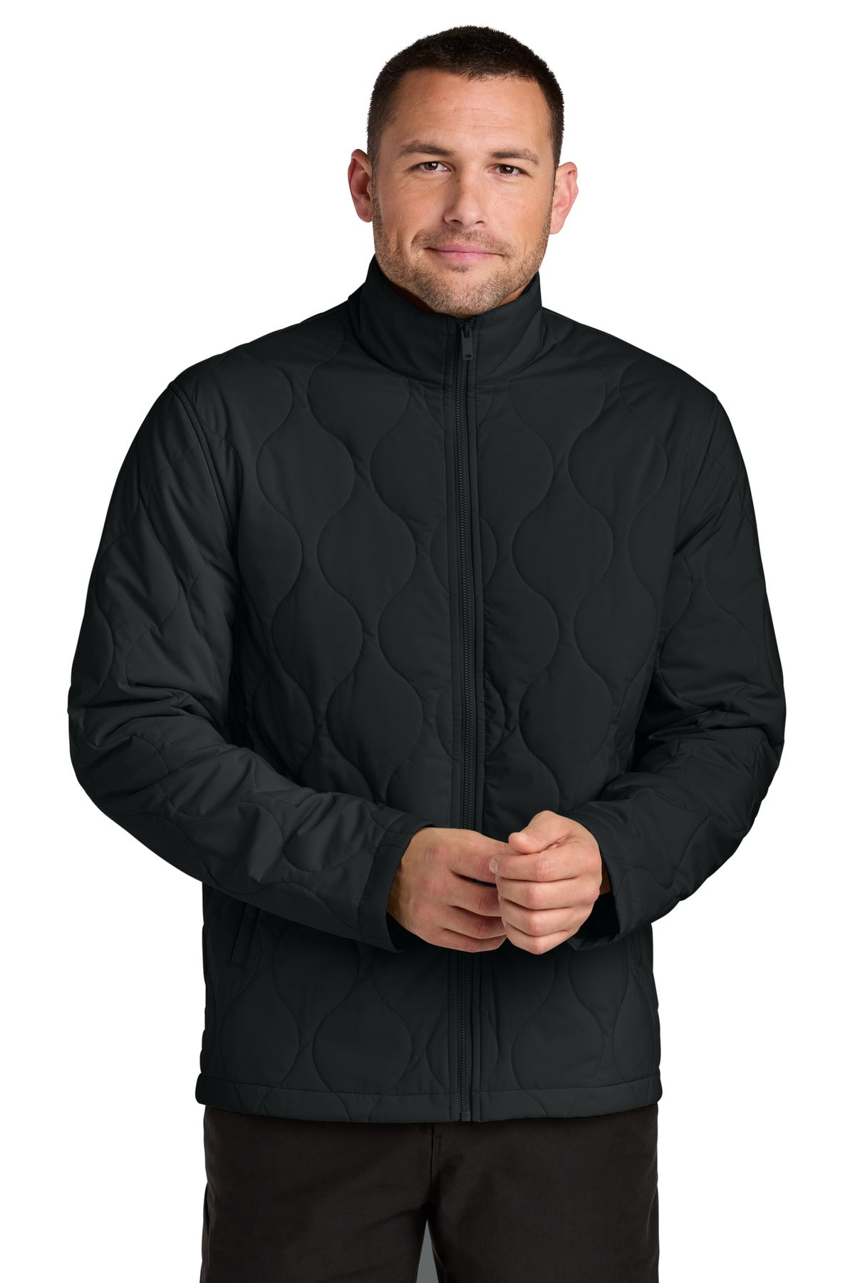 Mercer+Mettle Quilted Liner Jacket MM7202 in deep black, front view showing the padded, quilted design with a sleek fit.