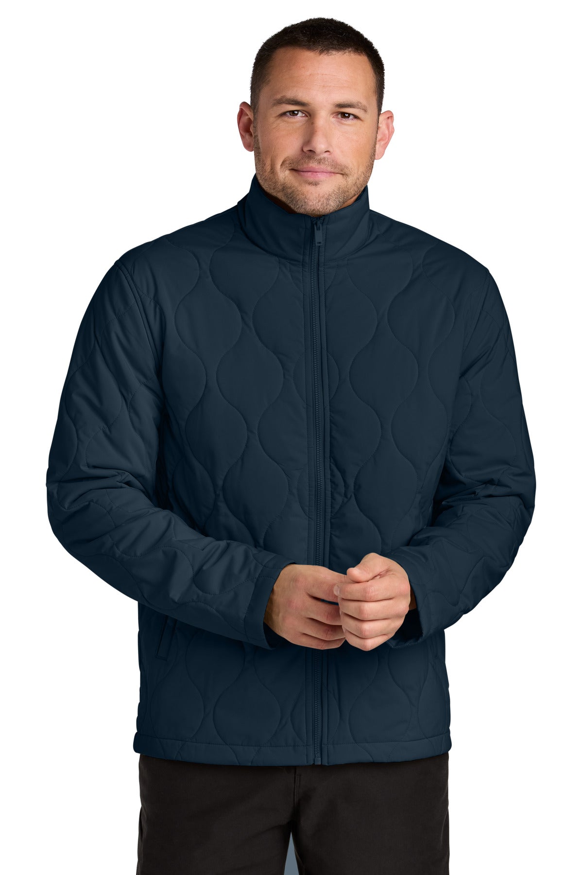 Mercer+Mettle quilted liner jacket in night navy, front view on a model, showcasing the lightweight, padded design and stand collar.