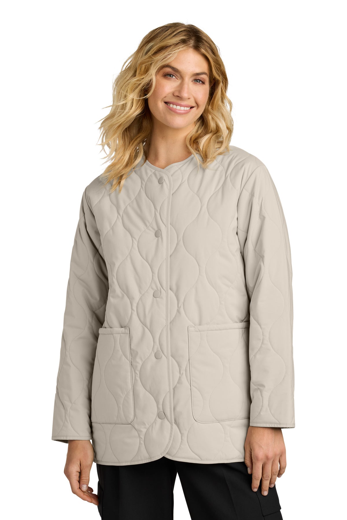 Mercer+Mettle women's quilted liner jacket in almond color, front view showing lightweight, insulated design.