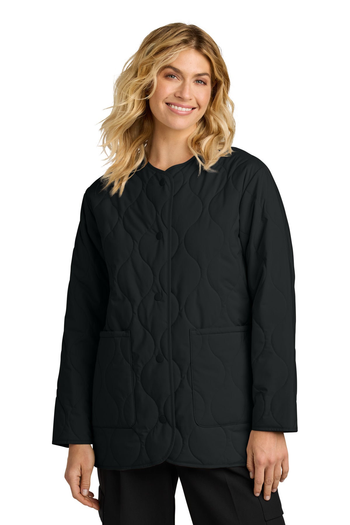 Mercer+Mettle women's quilted liner jacket in deep black, front view showing lightweight, insulated design and tailored fit.