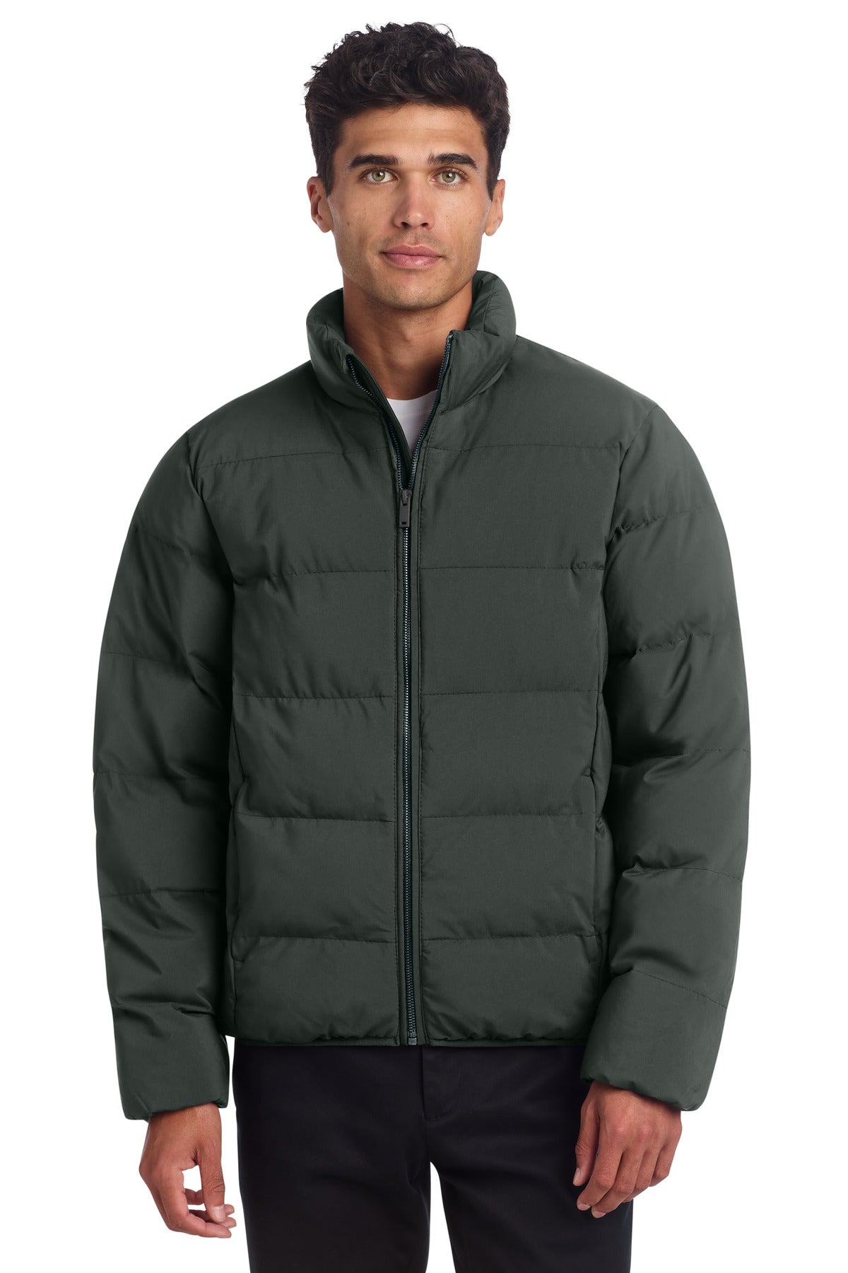 Mercer+Mettle Puffy Jacket MM7210 in anchor grey, front view on model, showcasing lightweight, insulated outerwear.