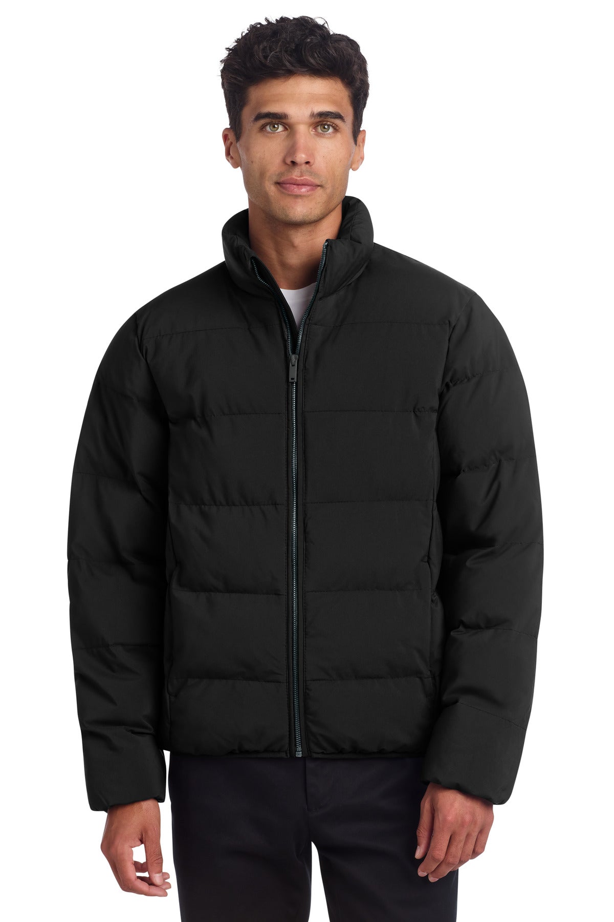 Mercer+Mettle Puffy Jacket MM7210 in deep black, front view, lightweight insulated winter jacket with hood and quilted design.