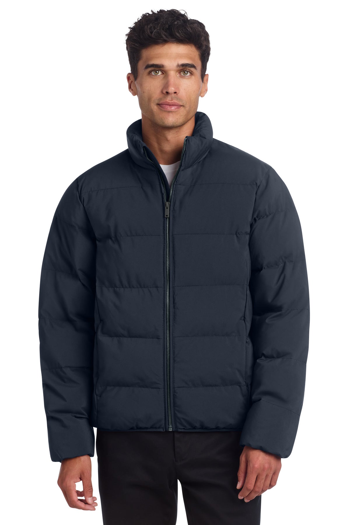 Mercer+Mettle Puffy Jacket MM7210 in night navy, front view on a model showcasing the insulated, lightweight design.