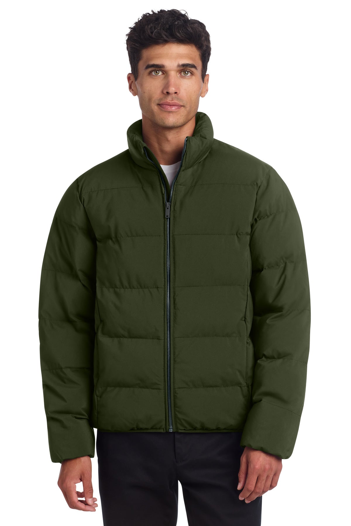 Mercer+Mettle Puffy Jacket MM7210 in Townsend Green worn by a model, front view showing quilted design and lightweight insulation.