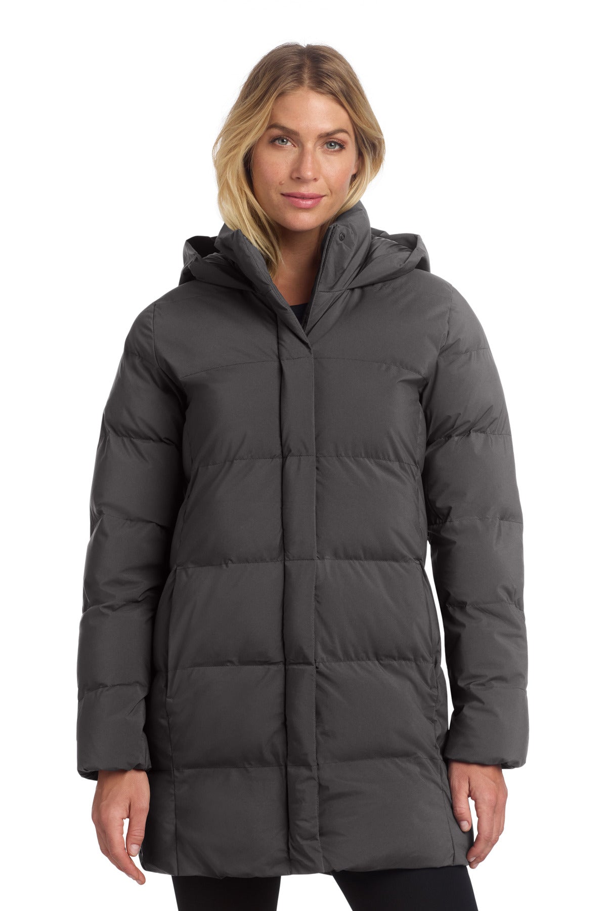 Front view of Mercer+Mettle women's puffy parka MM7213 in anchorgrey, showcasing its quilted design and hooded style.