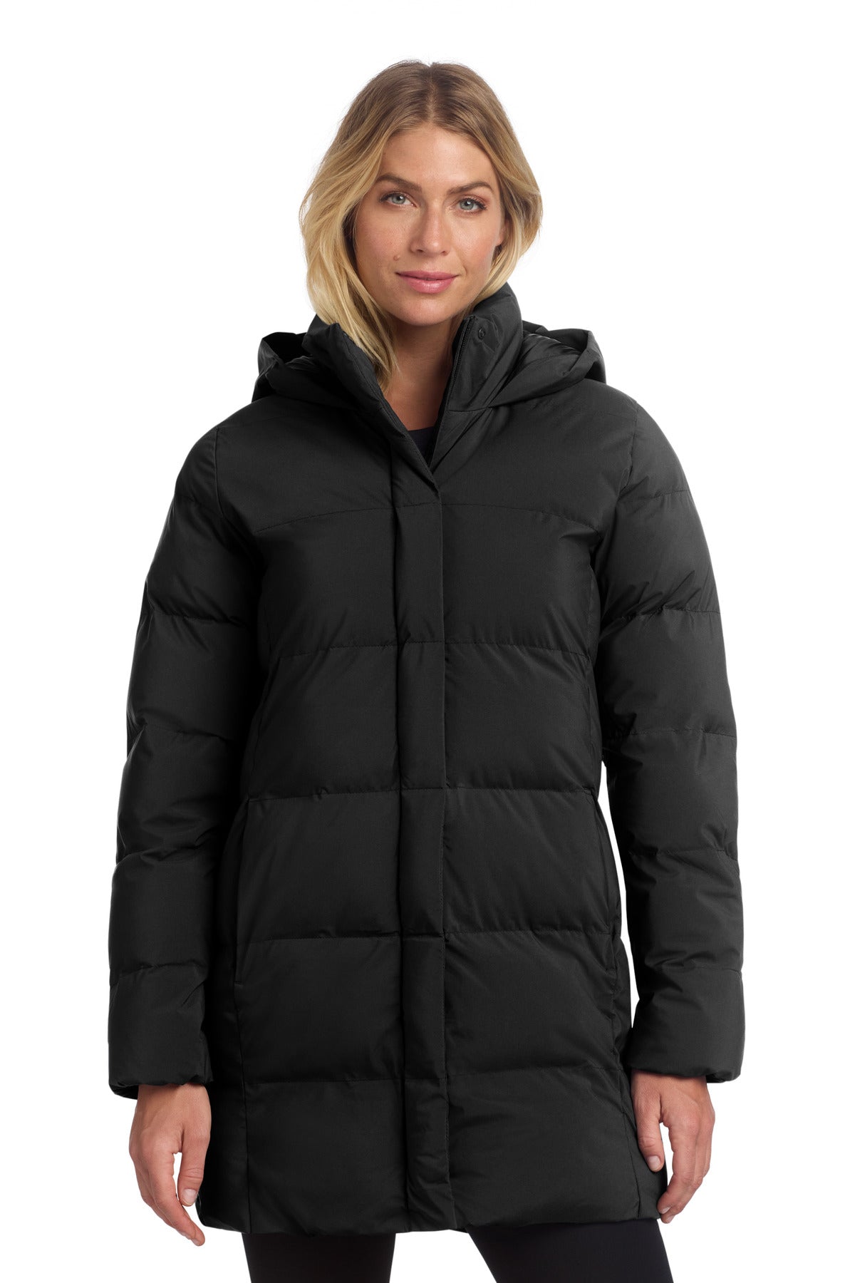 Mercer+Mettle women's puffy black parka MM7213 shown from the front, featuring a hood and quilted insulation.