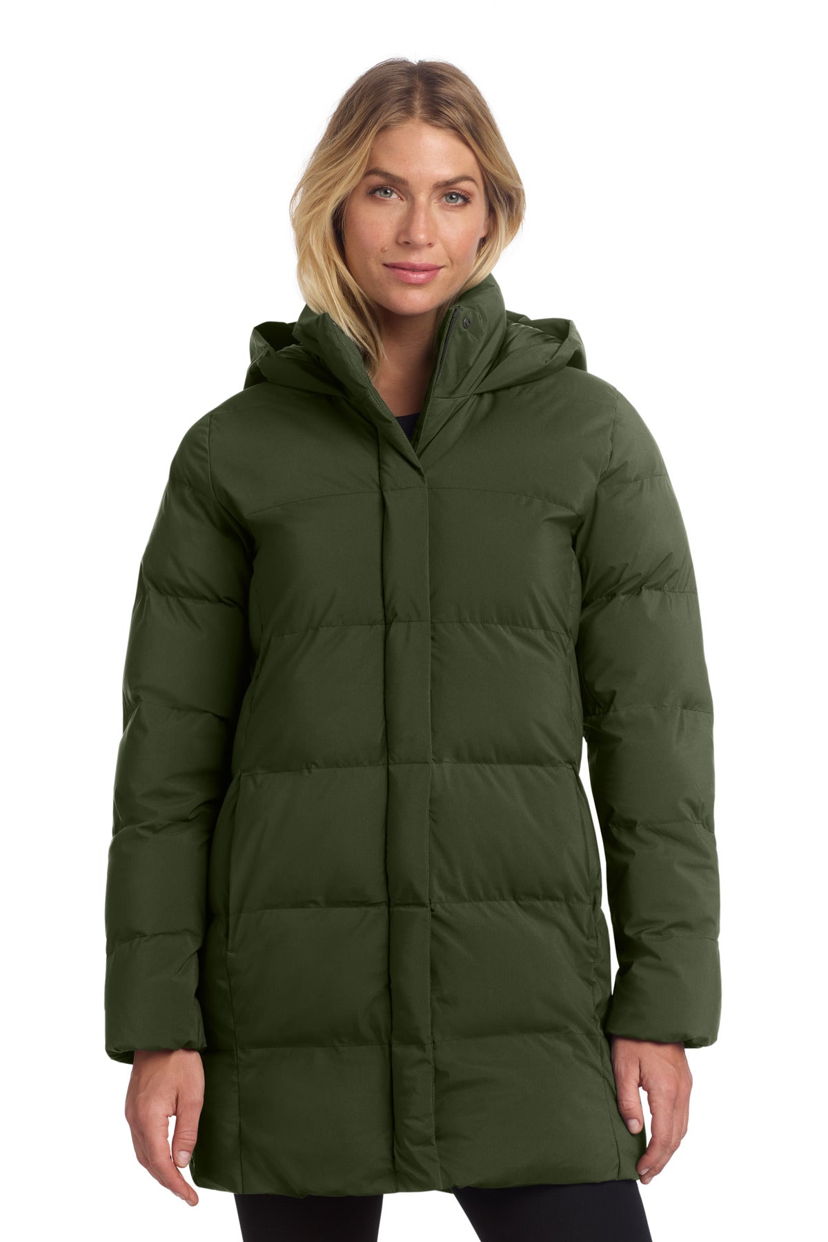 Mercer+Mettle women's puffy parka in Townsend Green, front view showing quilted design and hood for cold weather.