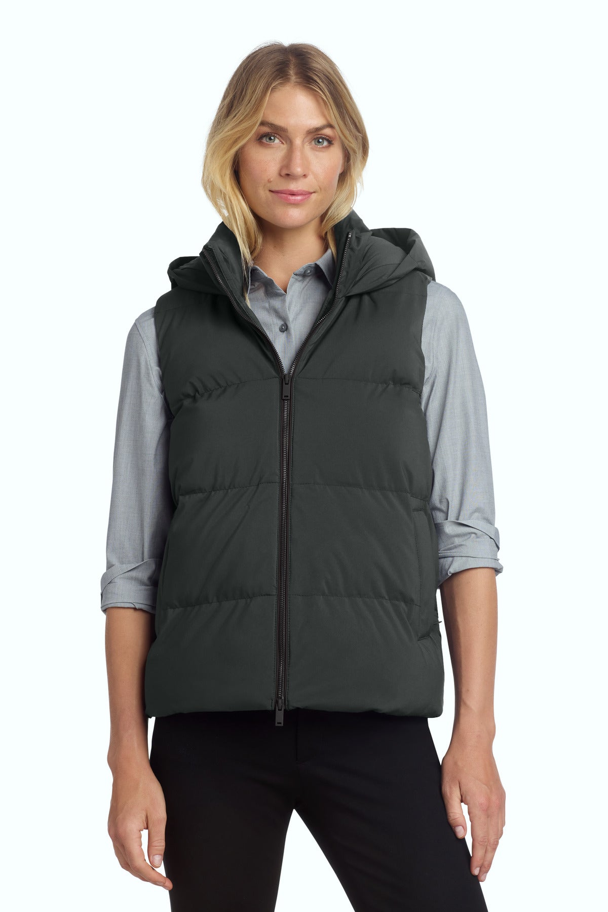 Mercer+Mettle women's puffy vest MM7217 in anchor grey, shown from the front on a model. Lightweight, insulated outdoor vest.
