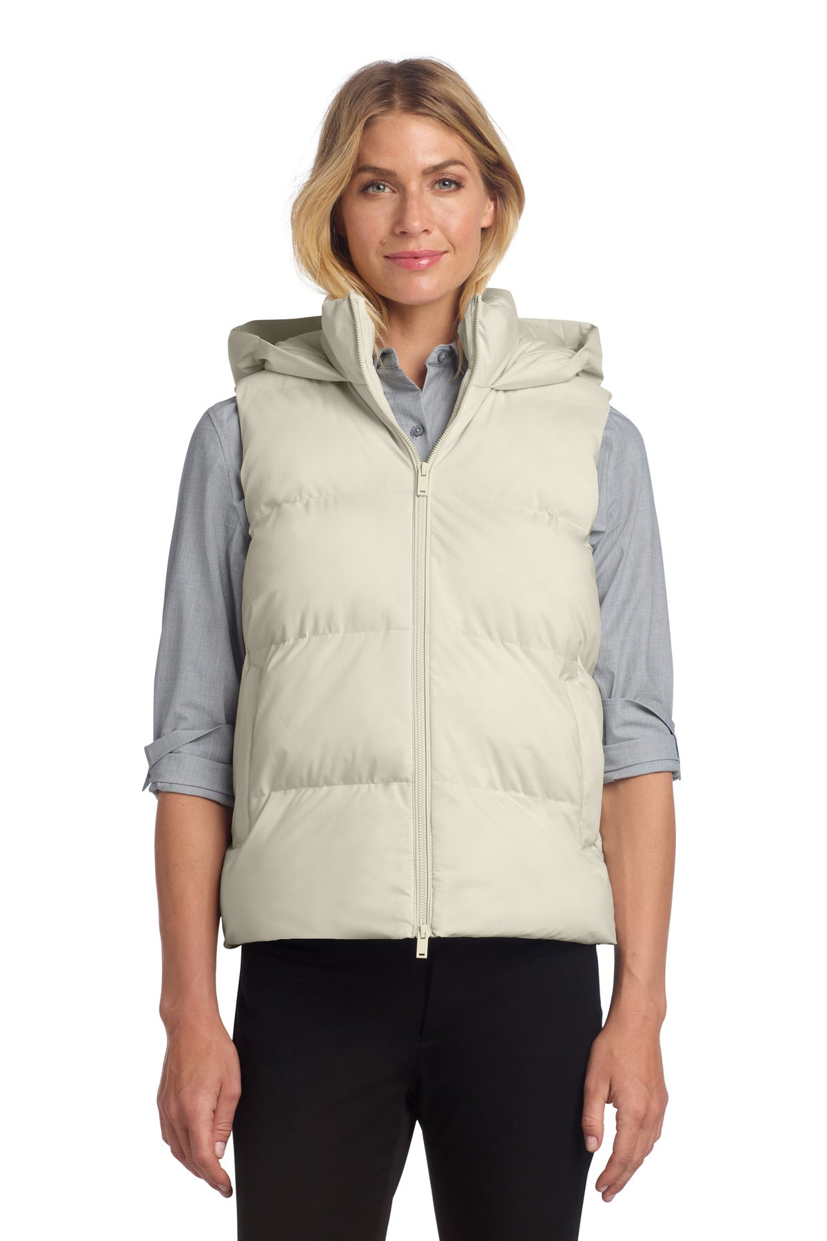 Mercer+Mettle women's puffy vest in birch color, front view worn by a model, lightweight and insulated outerwear.