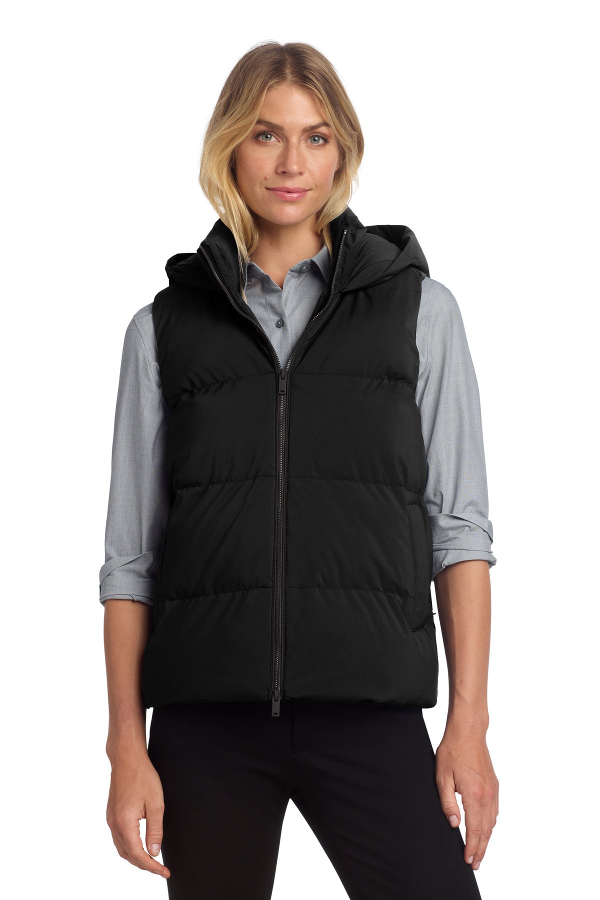 Mercer+Mettle women's puffy vest in deep black, front view showcasing quilted design and sleeveless style.