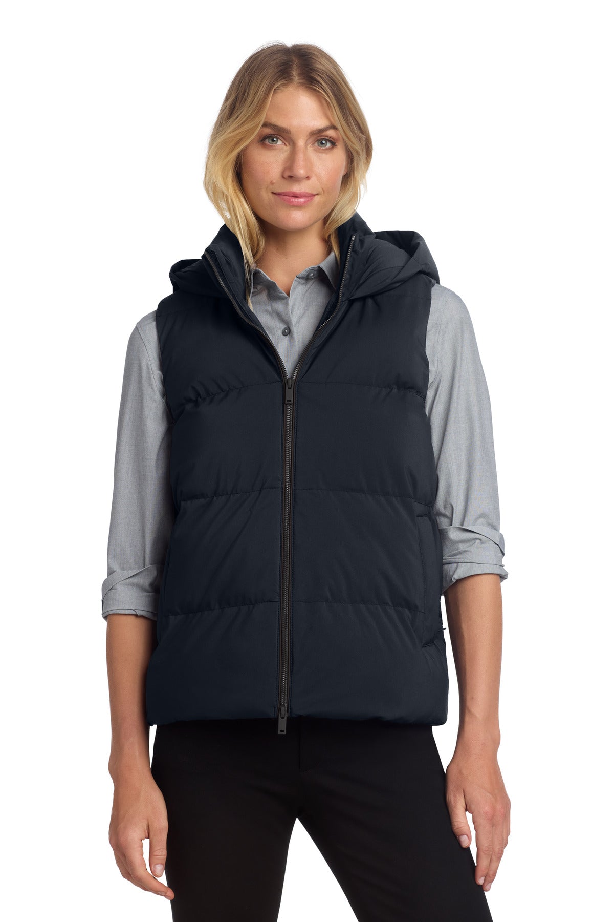 Mercer+Mettle women's puffy vest in night navy, front view, showcasing quilted design and sleeveless style.