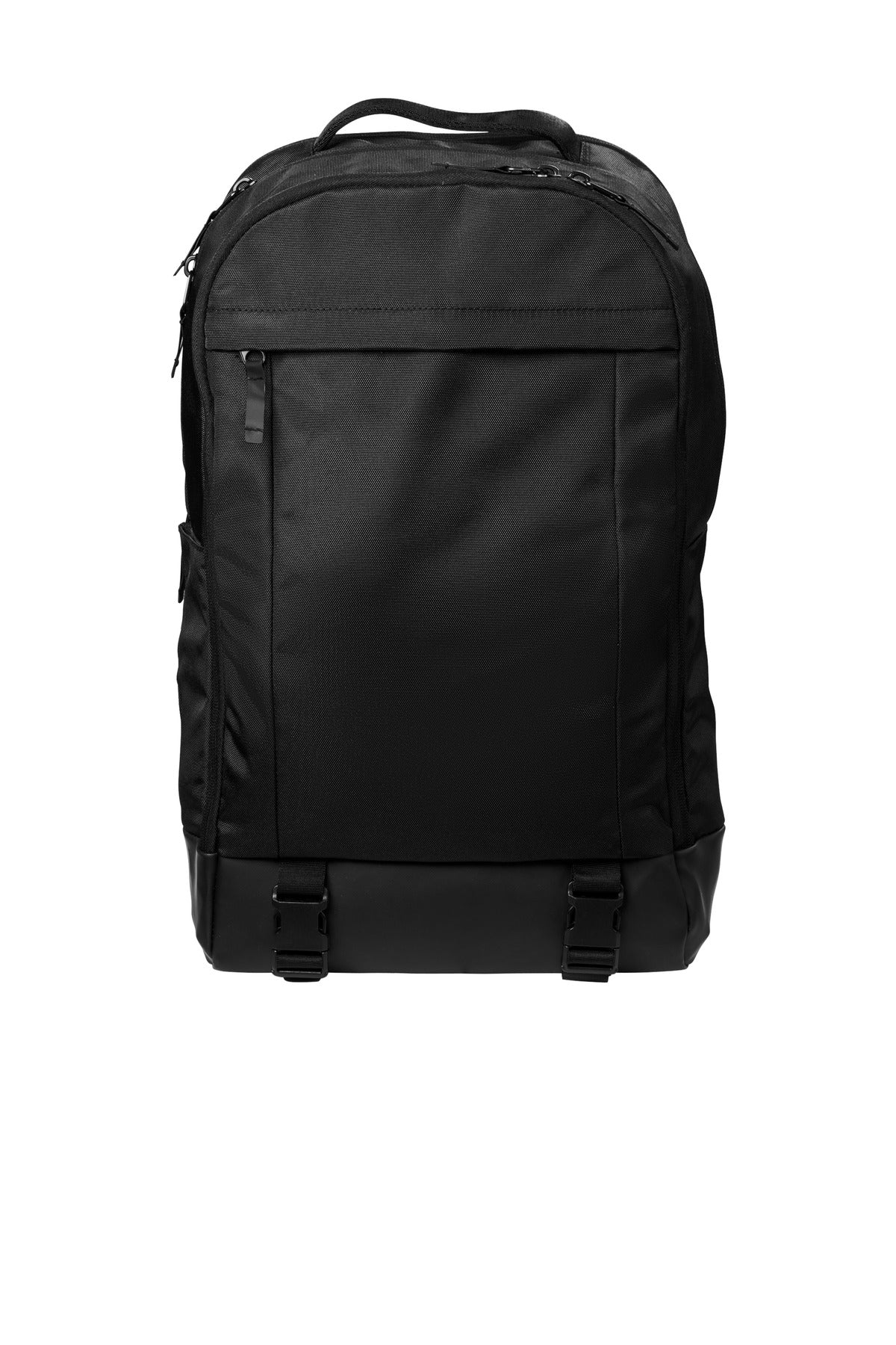 Mercer+Mettle Pack MMB200 in deep black, front view showing sleek, flat design with multiple compartments for travel and daily use.