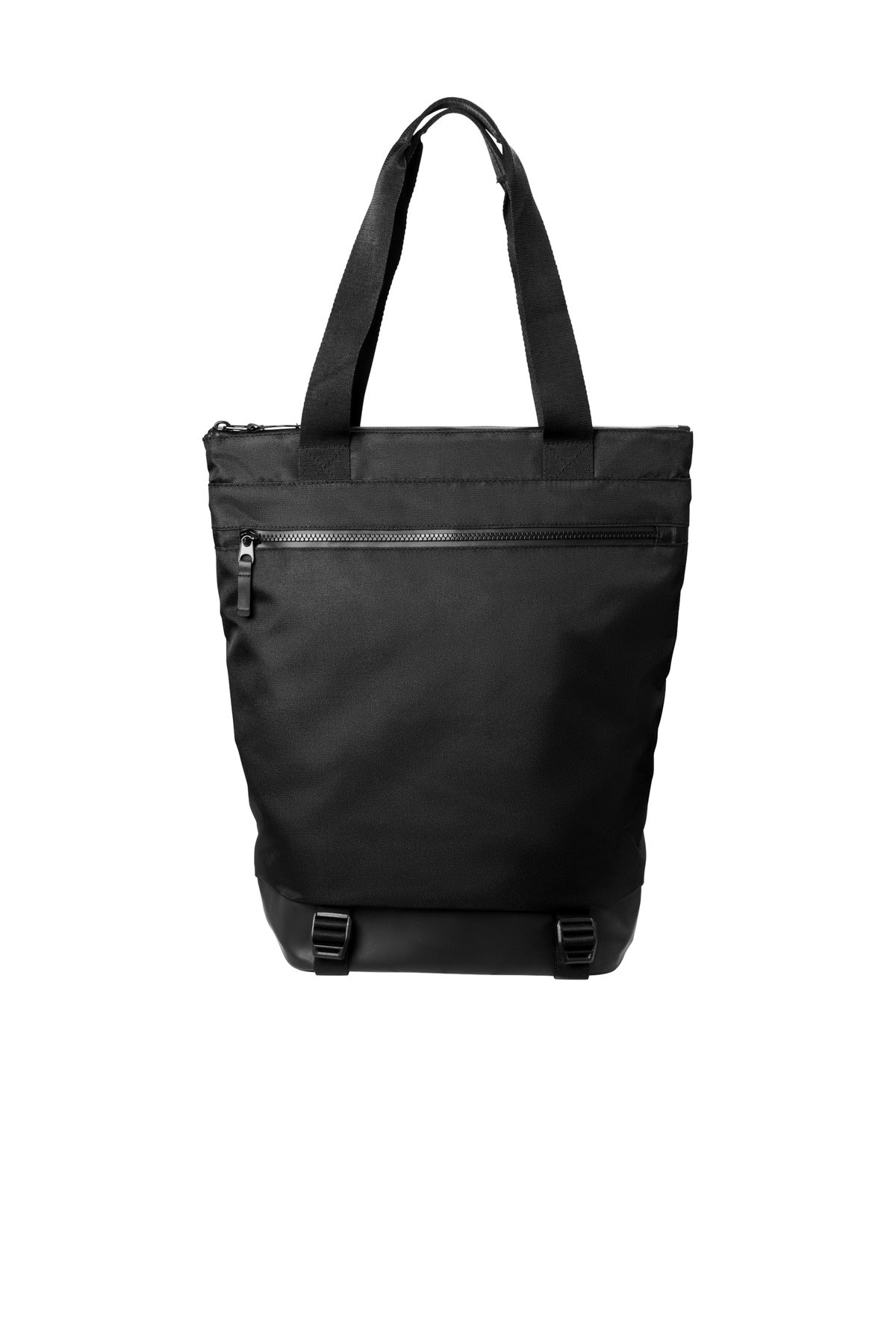 Mercer+Mettle Convertible Tote in deep black, showing the flat front view with sleek, versatile design and spacious interior.
