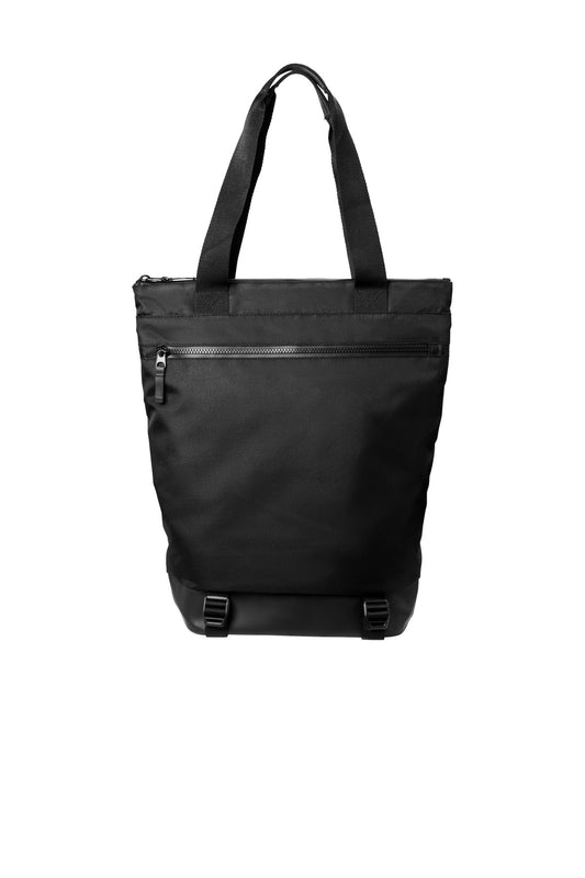 Mercer+Mettle Convertible Tote in deep black, showing the flat front view with sleek, versatile design and spacious interior.
