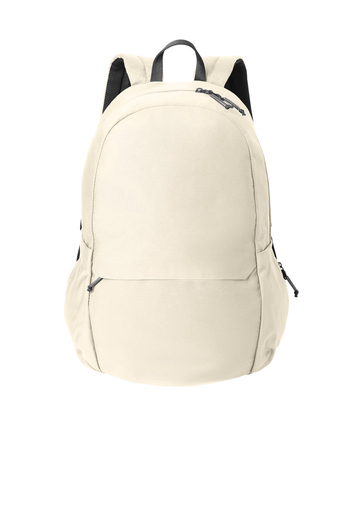 Mercer+Mettle Claremont Backpack in Warm Quartz, showing a flat front view with multiple compartments and sleek design.