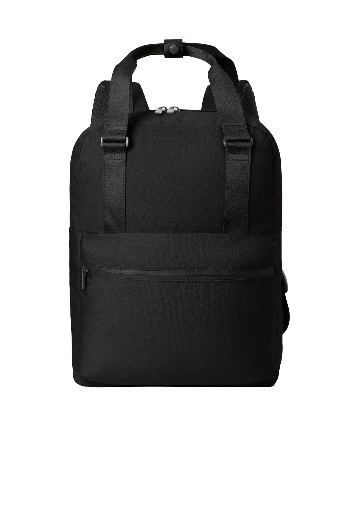 Mercer+Mettle Claremont Handled Backpack in deep black, with flat front design and sturdy handles for versatile carrying.