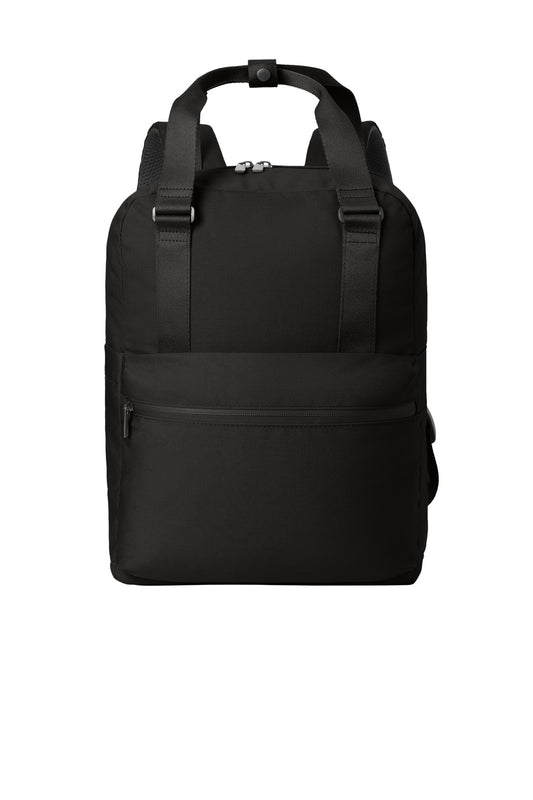 Mercer+Mettle Claremont Handled Backpack in deep black, with flat front design and sturdy handles for versatile carrying.